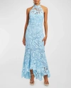 MESTIZA NEW YORK FRANCESCA HIGH-LOW FLORAL LACE HALTER GOWN