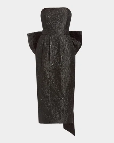 Mestiza New York Lorena Strapless Jacquard Bow Belt Midi Dress In Black