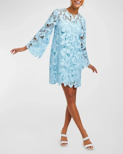 Mestiza New York Mira Flare-sleeve Floral Lace Mini Shift Dress In Ocean Blue