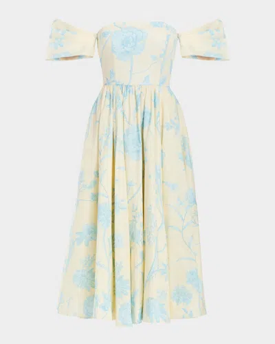 Mestiza New York Odette Off-shoulder Cotton Midi Dress In Blueivory