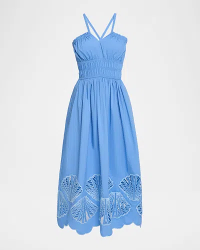 Mestiza New York Spritz Smocked Seashell Cutout Midi Dress In Blue