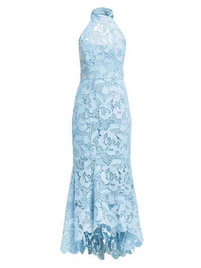 Mestiza New York Francesca High-low Floral Lace Halter Gown In Ocean Blue