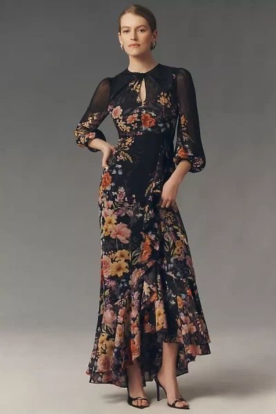 Mestiza Ophelia Draped Floral Print Chiffon Gown In Black