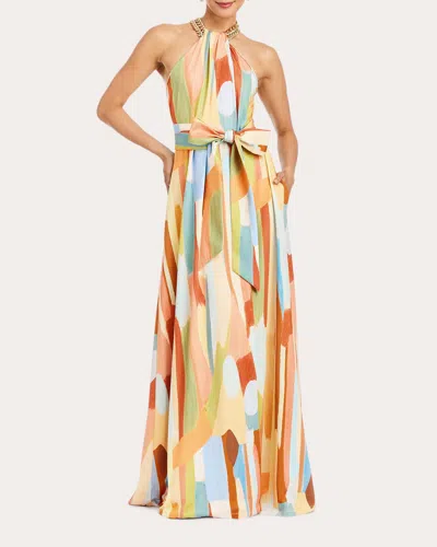 Mestiza Women's Bijou Abstract Twill Chain Halter Gown Polyester/spandex In Multi