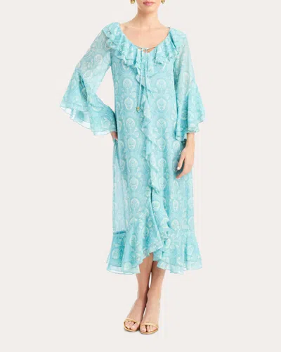 Mestiza Women's Bimini Trellis Chiffon Ruffle Kaftan Midi Dress In Blue