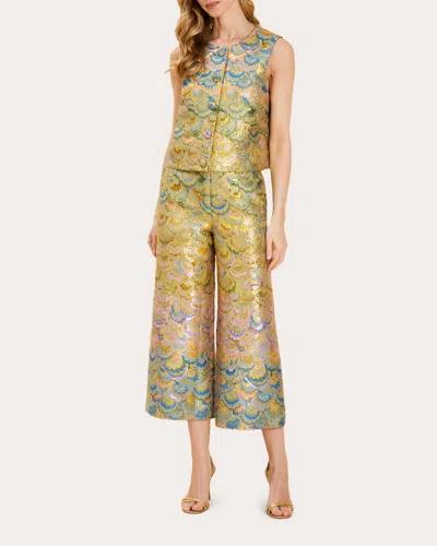 Mestiza Women's Blake Metallic Jacquard Crop Flare Pants Nylon/polyester In Yellow