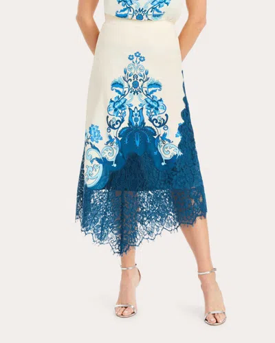 Mestiza Women's Gracie Floral Twill Lace Asymmetric Midi Skirt In Blue