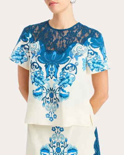 Mestiza Women's Morgan Floral Twill Lace Crewneck Top In Blue