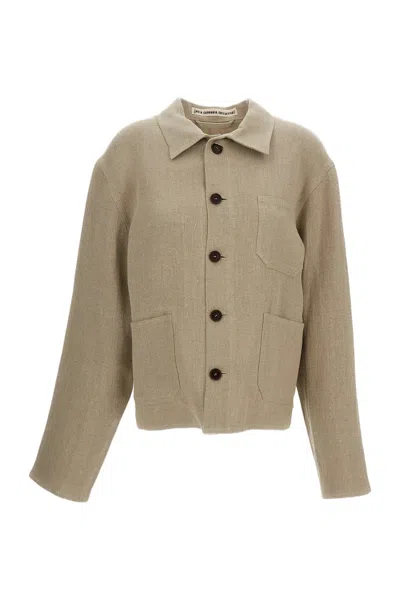 Meta Campania Bill Cropped Unlined Heavy Linen Workwear Jacket In Brown