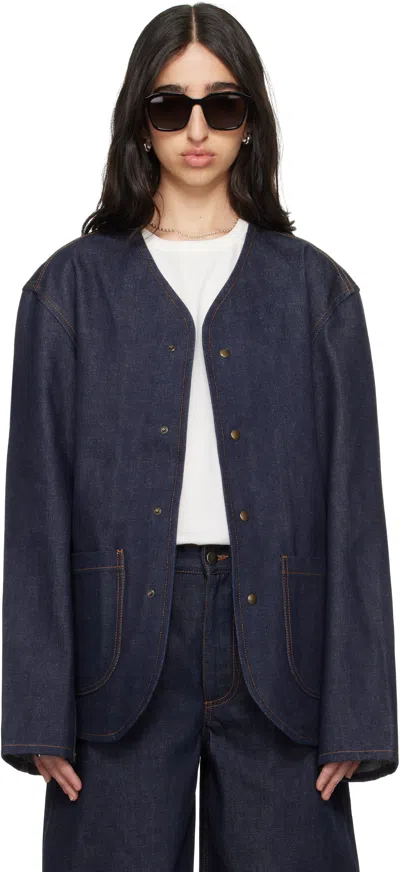 Meta Campania Collective Blue Leon Collarless Raw Denim Jacket In Midnight Blue