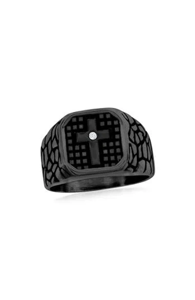 Metallo Cubic Zirconia Pebble Textured Signet Ring In Metallic
