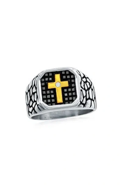 Metallo Cubic Zirconia Pebble Textured Signet Ring In Metallic