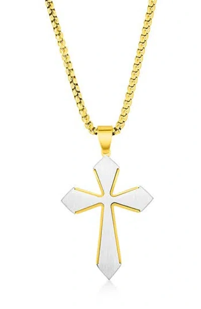 Metallo Stainless Steel Brushed Cross Pendant Necklace In Gold