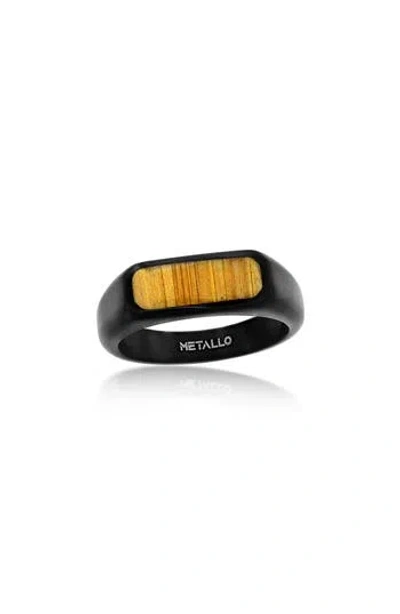 Metallo Wood Inlay Signet Ring In Black