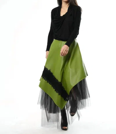 Metamorphoza Vegan Leather Tulle Skirt In Olive Green