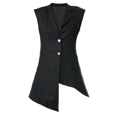 Metamorphoza Women's Asymmetric Buttoned Top With Linen In Black