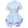 Metamorphoza Women's Belted Tunic Shirt With Drapings In Blue In Blue