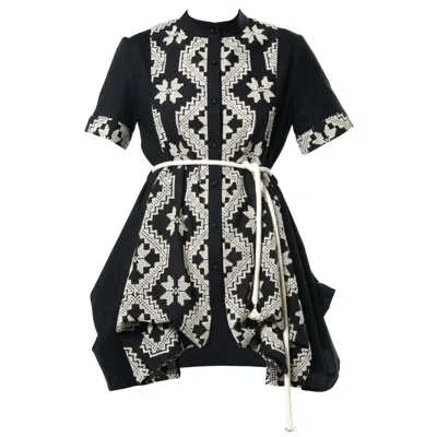 Metamorphoza Women's Black Draped Tunic Shirt With Embroidered Details And Rope Belt