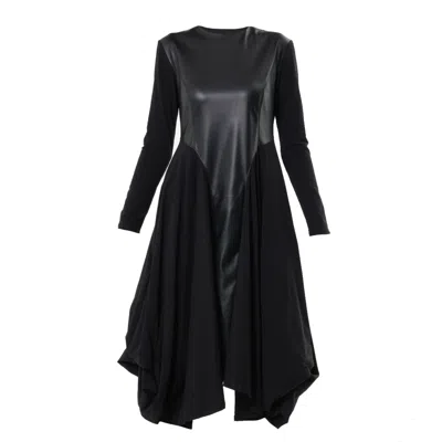 Metamorphoza Women's Black Midi Dress With Leather Detail