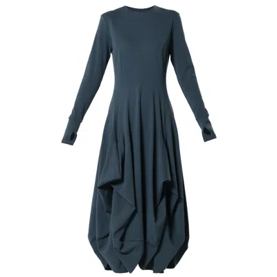 Metamorphoza Women's Blue / Black Maxi Draped Dress With Thumbhole Sleeves In Petrol