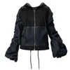 Metamorphoza Women's Blue Extravagant Denim Jacket With Gathered Sleeves In Black