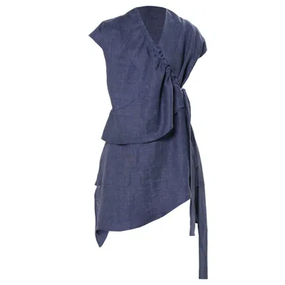 Metamorphoza Women's Blue Linen Denim Tunic With Draped Collar