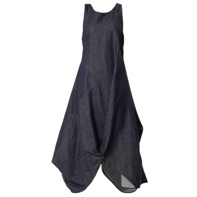 Metamorphoza Women's Blue Long Dark Denim Dress With Linen