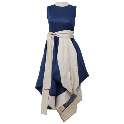 Metamorphoza Women's Blue / Neutrals Elegant Linen Dress In Blue And Beige