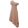 Metamorphoza Women's Brown Open Shoulder Asymmetrical Dress In Camel In Brown