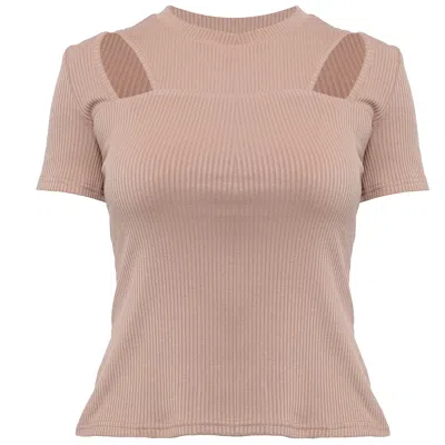 Metamorphoza Women's Brown Short Sleeve Top With Cutouts In Camel