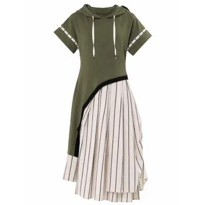 Metamorphoza Women's Green Hooded Asymmetric Dress With Striped Skirt In Khaki