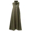 Metamorphoza Women's Green Large Collar Linen Maxi Dress In Khaki In Green