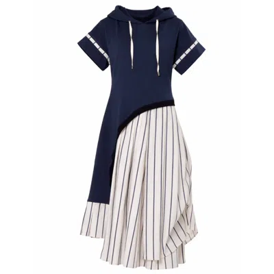 Metamorphoza Women's Hooded Asymmetric Dress With Striped Skirt In Blue