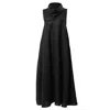 Metamorphoza Women's Large Collar Linen Maxi Dress In Black In Black