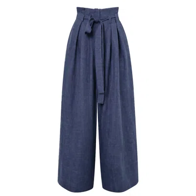 Metamorphoza Women's Linen Denim Wide-leg Trousers In Blue