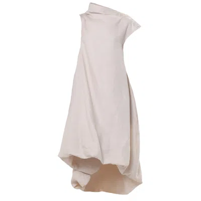 Metamorphoza Women's Neutrals Asymmetric Linen Balloon Dress With High Neck In Beige