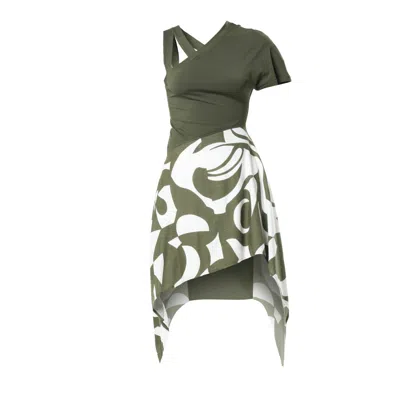Metamorphoza Women's Open Shoulder Long Top With Print In Green