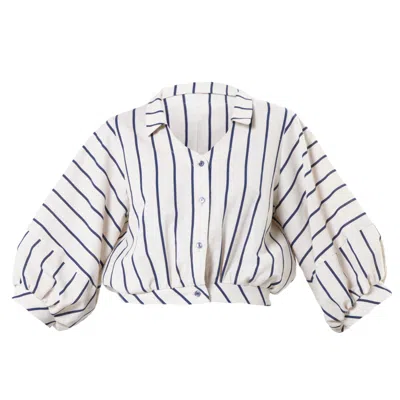 METAMORPHOZA WOMEN'S OVERSIZE LINEN SHORT TOP ON BLUE STRIPES