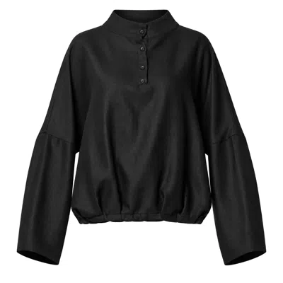 Metamorphoza Women's Oversized Black Blouse With Stand Collar And Gathered Hem