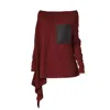 Metamorphoza Women's Red Asymmetric Knitted Tunic With Leather Pocket In Burgundy In Red