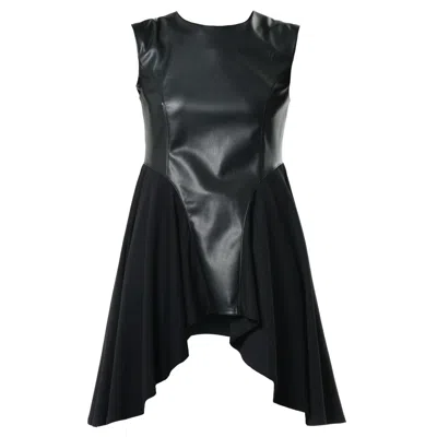 Metamorphoza Women's Sleeveless Asymmetric Top With Vegan Leather In Black