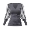 Metamorphoza Women's V-neck Casual Top With Tulle Sleeves In Grey In Grey