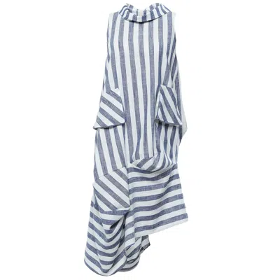 Metamorphoza Women's White / Blue Asymmetrical Striped Dress With Side Pockets In White/blue
