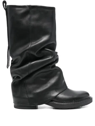Metisse Ruched Leather Boots In Black