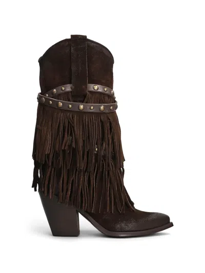 Metisse Studded Fringe Boots In Brown