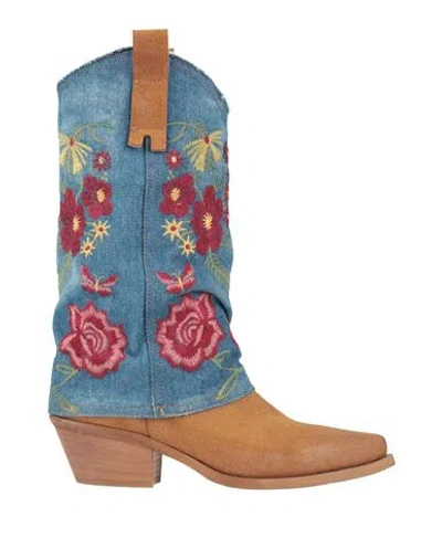 Metisse Woman Boot Blue Size 8 Leather, Textile Fibers In Multi