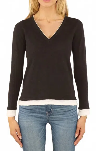 Metric Knits Cotton And Linen Layered Look Long Sleeve V Neck Top In Black/white
