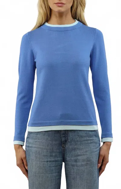 Metric Knits Double Trim Long Sleeve Crew Pullover Sweater In Humid Blue Combo
