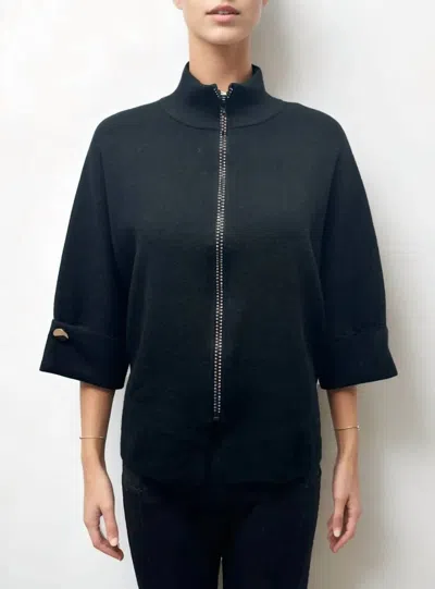 Metric Knits Elbow Sleeve Mock Neck Cardigan In Black In Orange