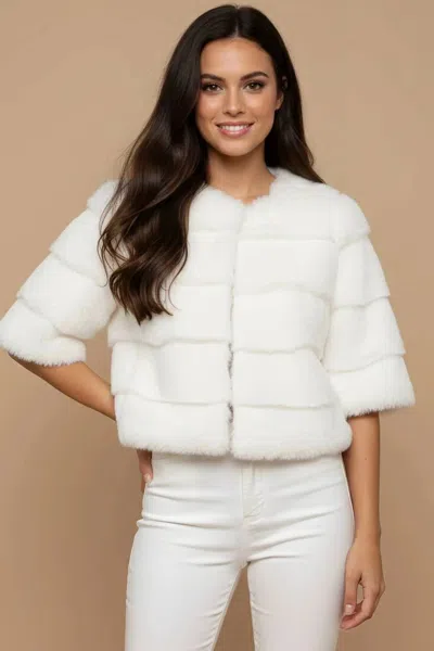 Metric Knits Faux Fur Half Sleeve Bolero Jacket In White In Animal Print